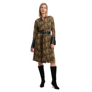 H Halston Leather Trim Midi Sheath Dress Button Down Gold Black Women's 3X NEW